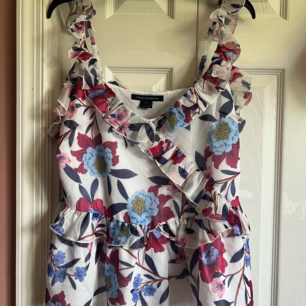 NWOT French Connection Floral Ruffle Blouse - Red, Blue, White
